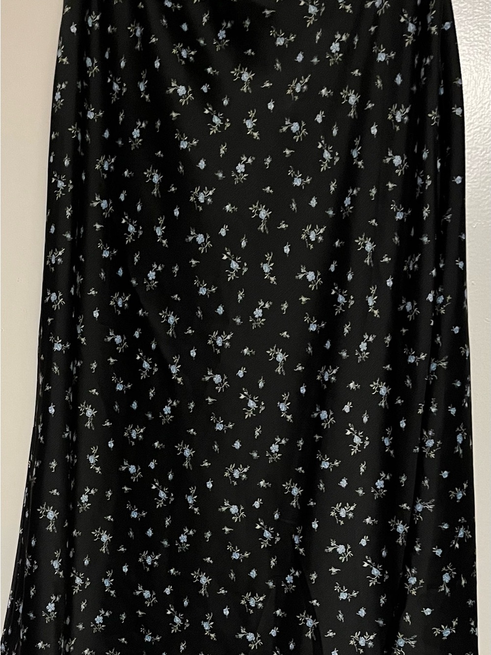 Black Midi Skirt with Delicate Blue Floral Print